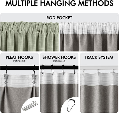 MIULEE Sage Green 100% Blackout Linen Curtain 96 Inch 2 Panel Set Double Sided No Coating Pinch Pleated Back Tab Floor to Ceiling Black out Thermal Insulated Bedroom Living Room Darkening Window Drape