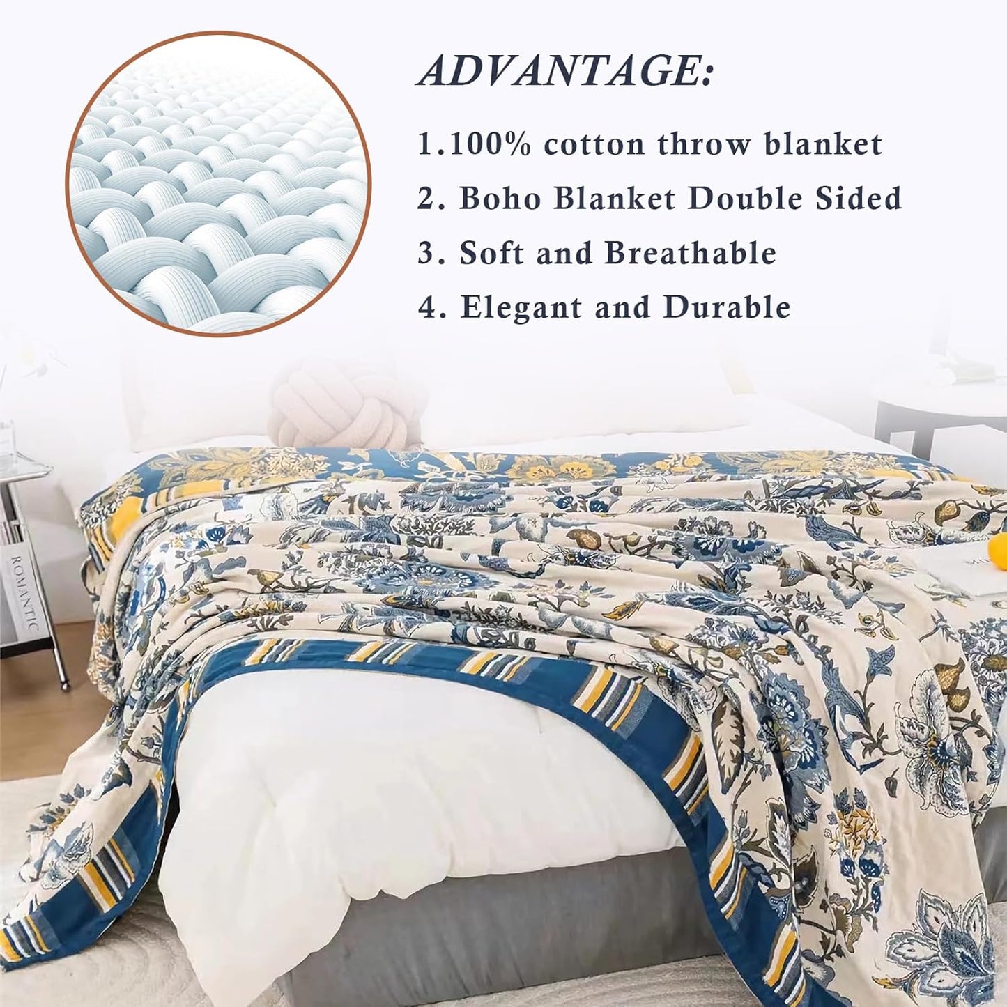 Snycler Boho Throw Blanket for Bed - 100% Cotton Ultra Soft Rustic Quilt - White Blue Floral Printed Farmhouse Decor Bed Blankets, 60"×80" All Season Rustic Throw for Sofa Couch Chair