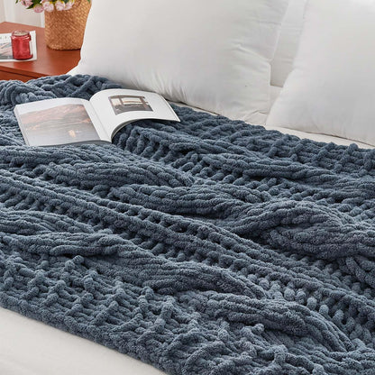 Esterra Chunky Knit Blanket Throw 50"x60", 100% Hand Knitted Chenille Throw Blanket, Cozy Soft Thick Cable Knit Throw Large Rope Knot Crochet Throw Blanket for Sofa Couch Bed, Blue Mirage
