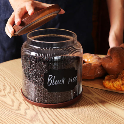 SAIOOL 2-Pack Striped Borosilicate Glass Airtight Canisters - Big mouth Large Capacity, Acacia Wood Lid, Food Storage Jars for Flour, Pasta, Pantry Organization (1/2 Gallon （Striped 2 pack）)