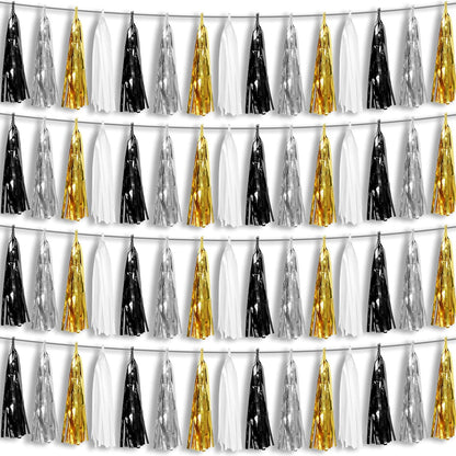 4P Black Gold Silver Foil Fringe Metallic Tassel Garland, Tassels Banner Streamers for Parade Floats, Bachelorette, Wedding, Birthday, Halloween, Christmas, Bridal/Baby Shower Party Decorations