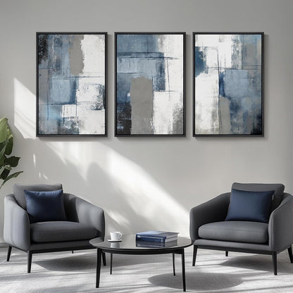 Large Framed Navy Blue and Grey Abstract Wall Art for Living Room, 3 Piece Modern Canvas Prints Paintings Artwork for Walls, Minimalist Abstract Pictures Wall Decor for Hallway Office Bedroom 24x36 In
