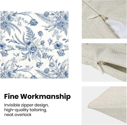 CXMEIFLY Spring Floral Leaves Pillow Covers 24 x 24 Inch Set of 2 for Chinoiserie Flowers Decor Throw Pillows Blue and White Seasonal Plant Outdoor Decorative Cushion Cases for Couch Bed Decorations