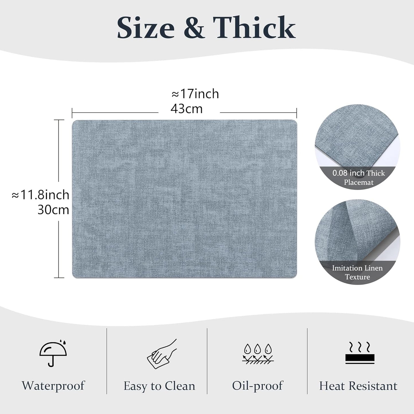 FROMHEART Faux Leather Placemats Set of 6–Waterproof,Heat/Oil Stain-Resistant PU Table Mat–Reversible,Non-Slip,Easy to Clean Place Mats for Kitchen,Dining,Indoor/Outdoor,(Light Blue,11.8" x 17")