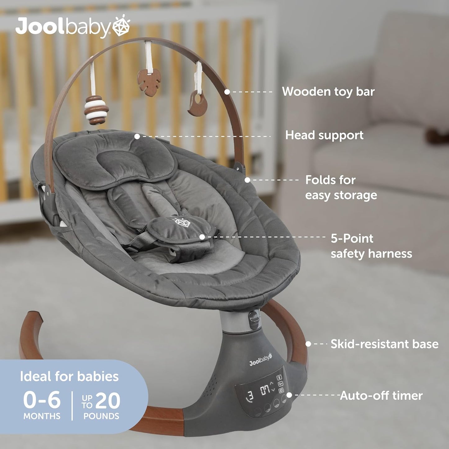 Jool Baby Nova Nature Baby Swing for Newborns – Natural Wood Toys, Electric Motorized Infant Swing, Bluetooth Music