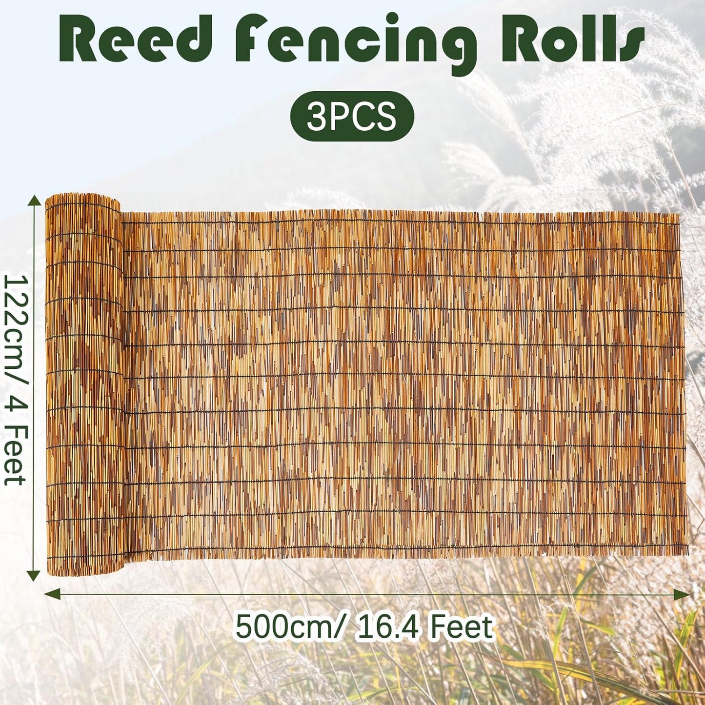 Barydat 3 Pcs 3 x 16.4 ft Bamboo Privacy Screen, Reed Fence Roller Patio Decorative Fences Reed Screen Curtain for Garden Backyard Patio Balconies