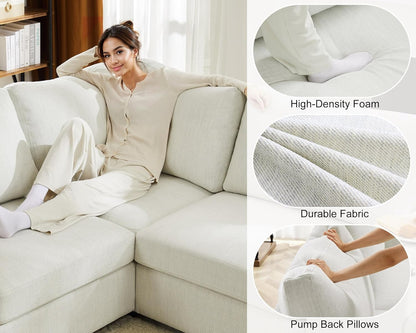 L Shaped Sectional Sofa with Ottoman,Rolled Armrest,Modern Sectional Modular Couch for Living Room,Breathable Linen Fabric Corner Couch with 7 Seats for Apartment,Removable Sofa Cushion,Ivory