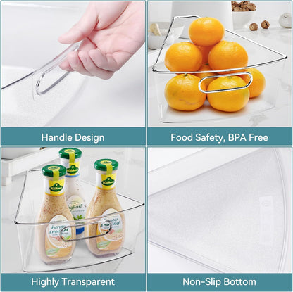 Oubonun Lazy Susan Organizers Set of 6, 10.2”x 9.4”x 4” Plastic Transparent Kitchen Cabinet Storage Bins with Handle, 4" Deep Container, 1/8 Wedge - Food Safe, without BPA
