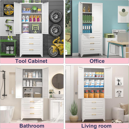 Pantry Kitchen Cabinet with Drawer, 75" Tall Pantry Storage Cabinet, Metal Storage Cabinets with Doors and Shelves, Large Freestanding Cupboard for Dining Room, Assembly Required, White