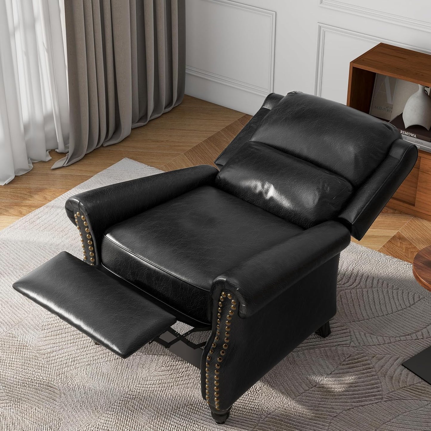 UIXE Pushback Recliner Chair, PU Leather Armchair Push Back Accent Chair for Living Room, Rivet Trim Club Chair Home Theater Overstuffed Single Sofa Bedroom Reading Seat - Black