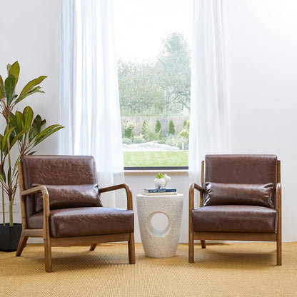 Glitzhome 2 Set Mid Century Coffee Accent Armchair, Single Reading Armchair PU Leather Lounge Chair with Walnut Ruberwood Frame