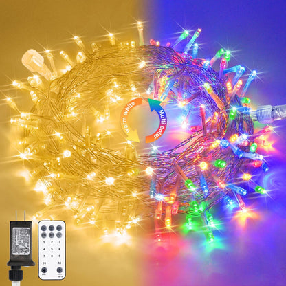 JMEXSUSS 33ft 100 LED Color Changing String Lights Plug in, Warm White & Multicolor Christmas Tree Lights Indoor, Christmas String Lights Outdoor Waterproof for Xmas Indoor Decor