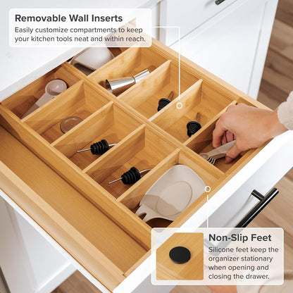 Premium Kitchen Utensils and Junk Drawer Organizer – Small 5-Compartment Design with 4 Removable Dividers, Non-Slip Feet, 100% Sustainable Bamboo, 2 Pack