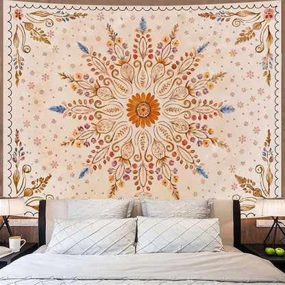 Fowocu Boho Floral Mandala Tapestry for Bedroom Aesthetic Watercolor Bohemian Flower Wall Tapestry Brown Beige Hippie Indian Extra Large Tapestries Wall Hanging for Living Room Dorm Decor 90 x 68 Inch