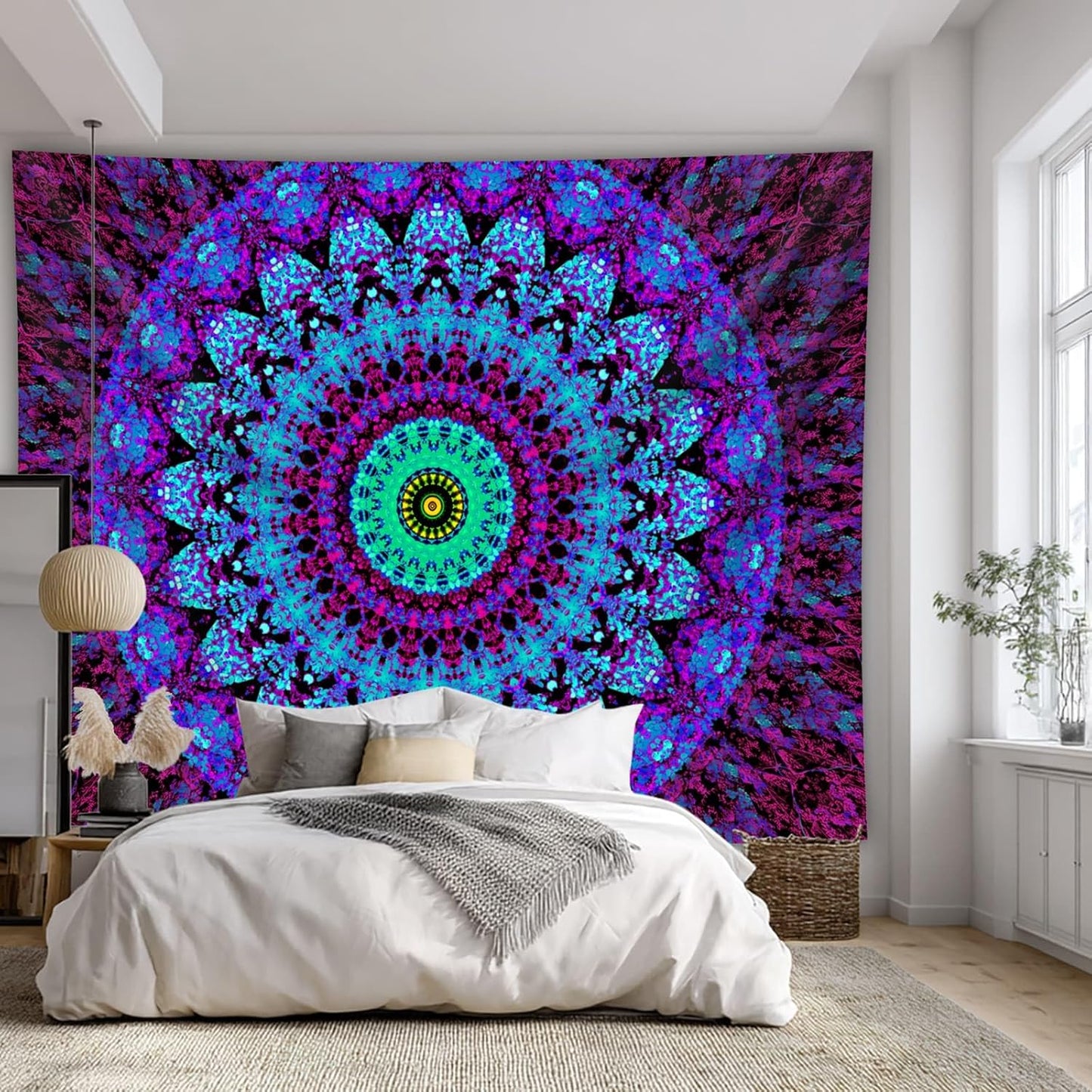 Blacklight Mandala Boho Tapestry, Black Light Bohemian Hippie Poster for Adults and Teens, UV Reactive Aesthetic Wall Art Decor for Bedroom (60 x 50 Inches)