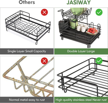 2 Tier Black Large Stainless Steel Dish Drainers Drying Rack for Kitchen Counter with Drainboard, Rust Proof Metal, Space Saving, Modern Aesthetic, Compact Plates Strainers with Extra Mat