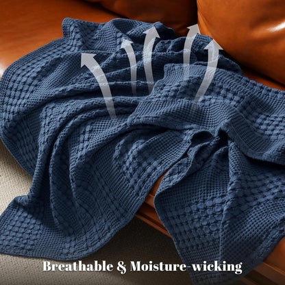 PHF 100% Cotton Waffle Weave Blanket Twin Size, Soft Lightweight Breathable Cozy Summer Blankets for Bed, Luxury Aesthetic Woven Bedding for Home Decor, 66"x90", Bright Navy Blue
