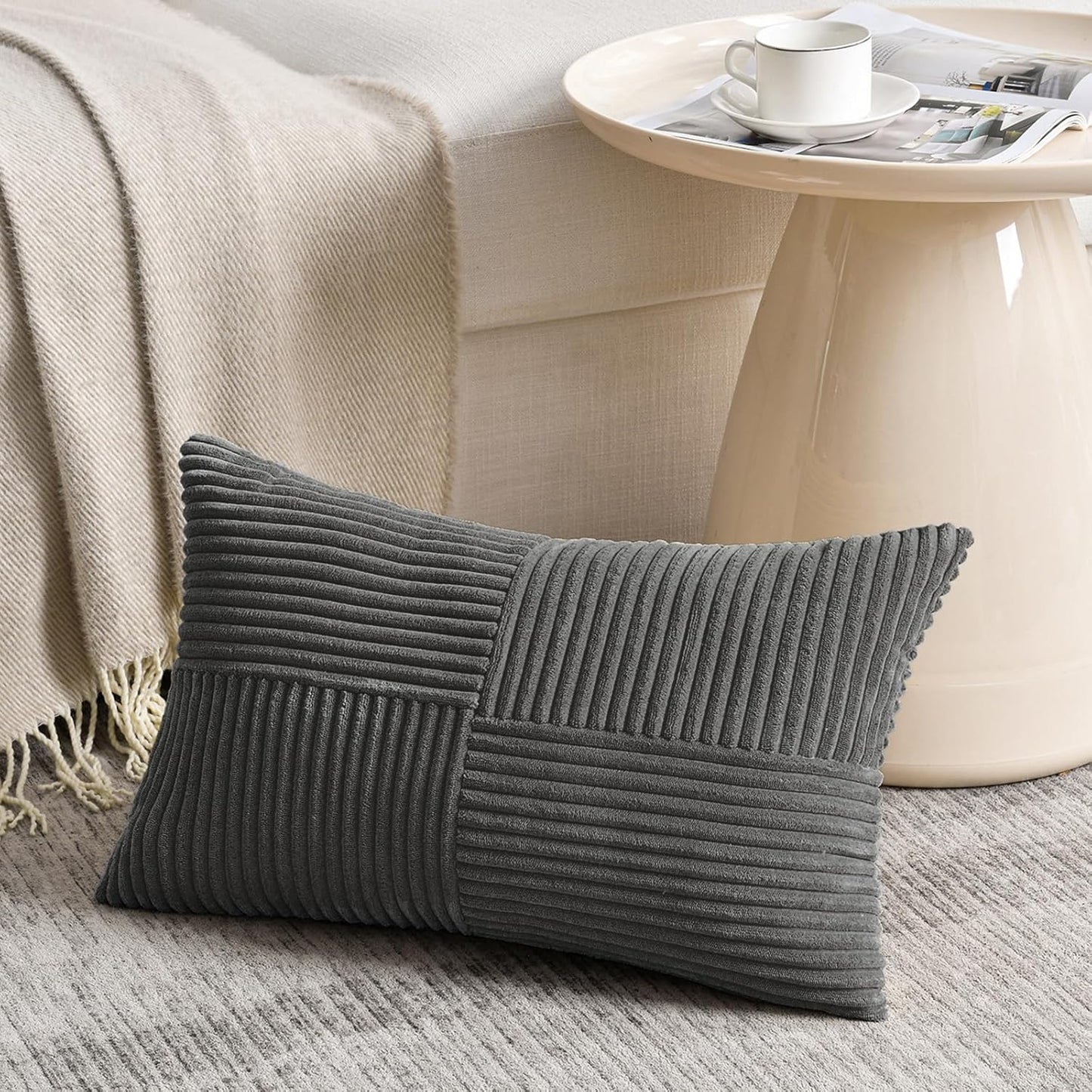 Fancy Homi 2 Packs Dark Gray Lumbar Decorative Throw Pillow Covers 12x20 Inch for Living Room Couch Bed Sofa, Farmhouse Home Decor, Soft Striped Corduroy Rectangle Accent Cushion Case 30x50 cm