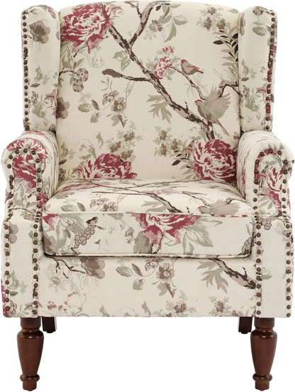 UIXE High Back Floral Accent Chairs Set of 2, Fabric Upholstered Armchair for Living Room, Retro Wingback Arm Chair with Solid Wood Leg, Nailhead Trim Single Sofa Bedroom Reading Seat - Beige