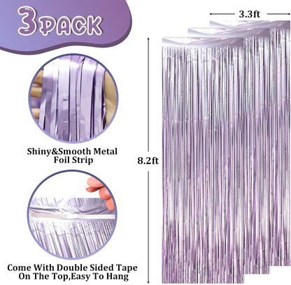 3 Pack 3.3 x 8.2 ft Light Purple Foil Fringe Backdrop Curtains, Tinsel Streamers Party Decorations, Fringe Backdrop, Door Shimmer for Baby Shower or Birthday Party