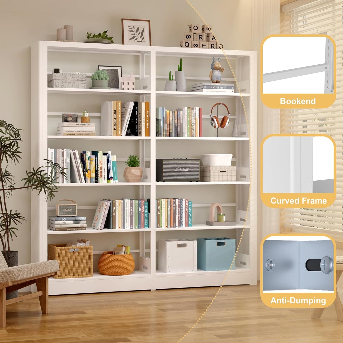 5-Tier Industrial Book Shelf, White Bookcases and Bookshelves,Tall Metal Bookcase Storage Organizer,Freestanding Bookshelf for Living Room,Home Office (White, Shelf-2)