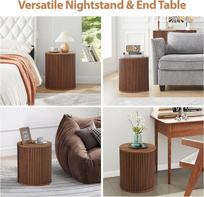 AVZEAR Fluted Round Side Table with Storage, Small Mid Century End Table Fluted Nightstands, Modern Circle Bedside Tables Wood Night Stand for Small Spaces, Living Room, Bedroom (Rustic Walnut)