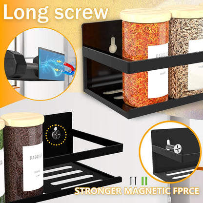 Magnetic Spice Rack Organizer for Fridge Seasoning Organizer for Kitchen Storage With Screw Magnetic Shelf for Oven, RV,Garage,Bathroom(Black, 4pack)