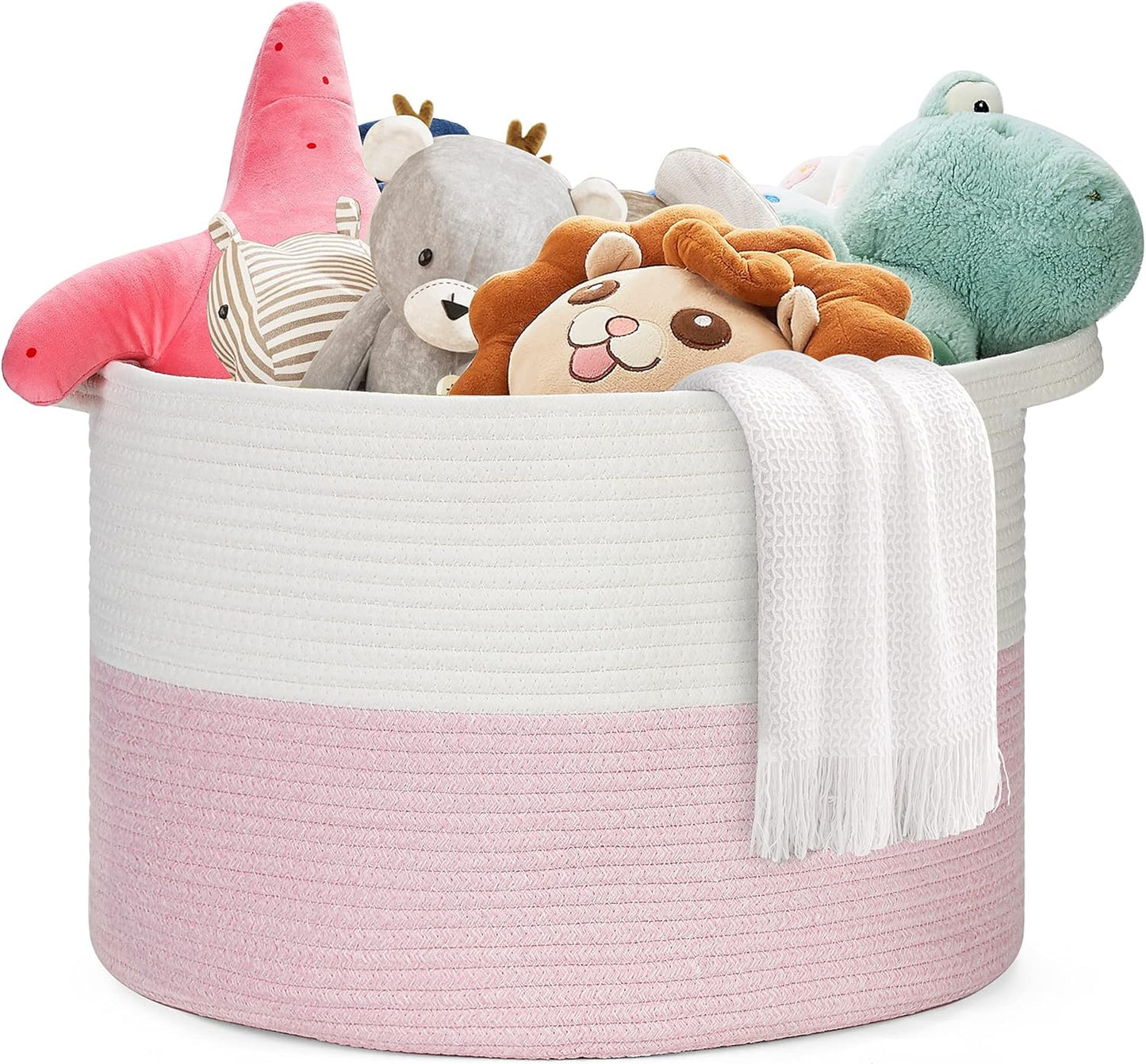 Ravinte Blanket Basket - 20"x 20"x 13" Cotton Rope Basket for Living Room, Baby Toy Storage Basket, Large Woven Laundry Basket (White-Pink)