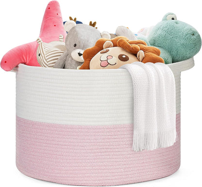 Ravinte Blanket Basket - 20"x 20"x 13" Cotton Rope Basket for Living Room, Baby Toy Storage Basket, Large Woven Laundry Basket (White-Pink)