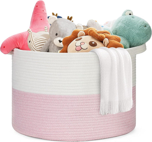Ravinte Blanket Basket - 20"x 20"x 13" Cotton Rope Basket for Living Room, Baby Toy Storage Basket, Large Woven Laundry Basket (White-Pink)