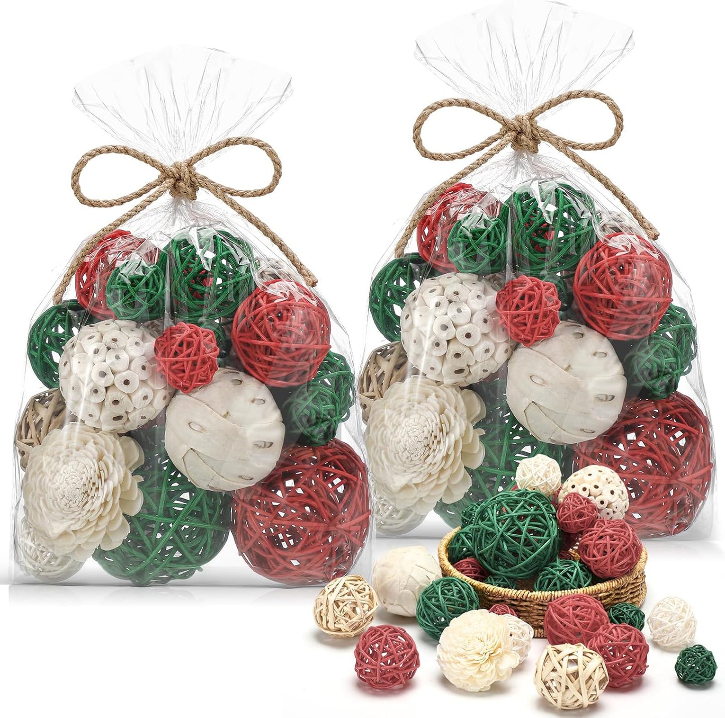 Riceshoot 2 Pack Decorative Balls Potpourri Bowl Filler Decor Natural Vase Bowl Filler Assorted Spherical Rattan Twigs Wicker Balls Cotton for Home Centerpiece(Red, Green, White)