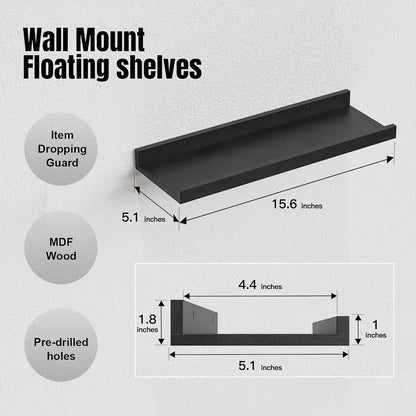RICHER HOUSE 5 Set Floating Wall Mounted Shelves, Black Shelves for Wall Decor, Modern Picture Ledge Shelf with Lip for Storage, Nursery, Bedroom, Living Room, Bathroom - Black
