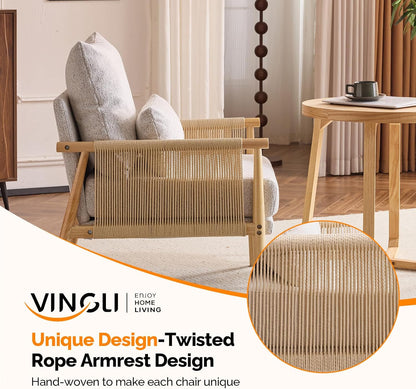 VINGLI Boho Braid Accent Armchairs Set of 2,Mid-Century Modern Chiars with Solid Wooden Armrest,Comfy Louge Cushion Chairs with Waist Pillow for Bedroom,Living Room,Reading Room, Light Grey