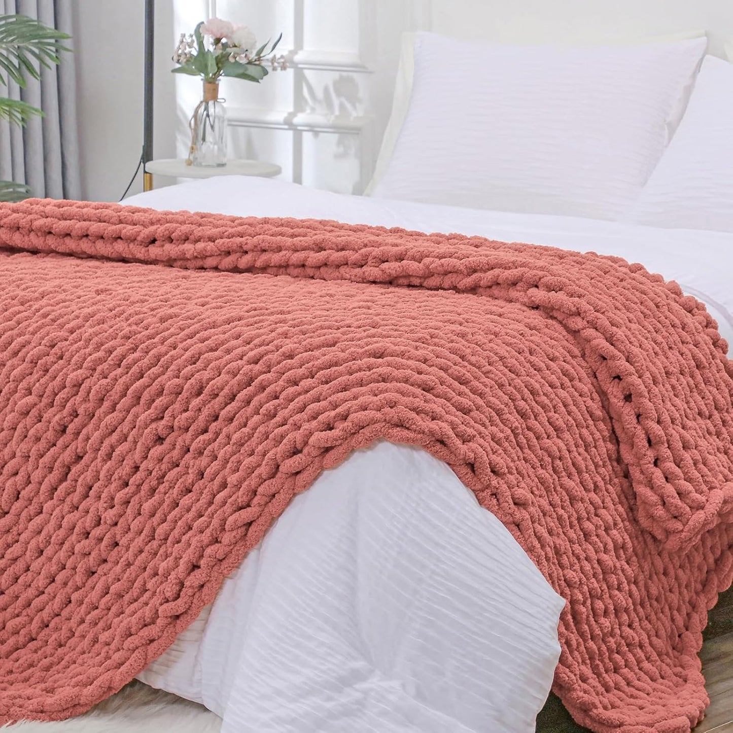 Bigacogo Chunky Knit Throw Blanket for Couch, 51x63 inches, 100% Hand Knitted with Thick Jumbo Chenille Yarn, Cozy Soft Large Rope Knot Cable Crochet Blankets for Sofa Bed Living Room, Antique Red