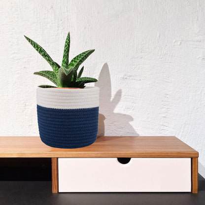 Cotton Rope Plant Basket Woven Baskets for 6" Pot Floor Indoor Planters,Rustic Home Decor H6 3/4" x W6 1/2" White Stitching Navy Blue