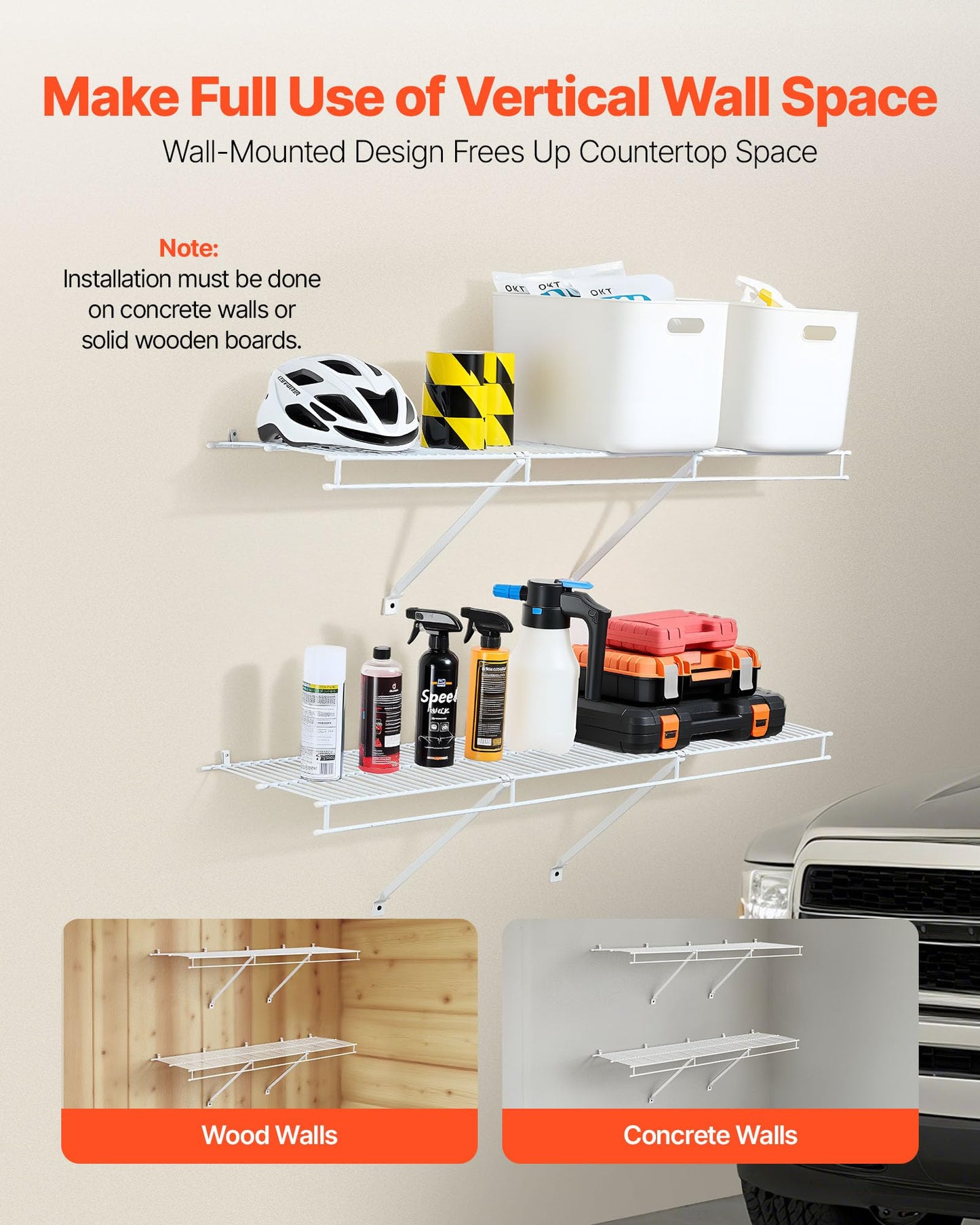 VEVOR Wire Shelf Kit, 4 ft, Set of 2, Wall Mounted Wire Shelves, Heavy-Duty Carbon Steel Hanging