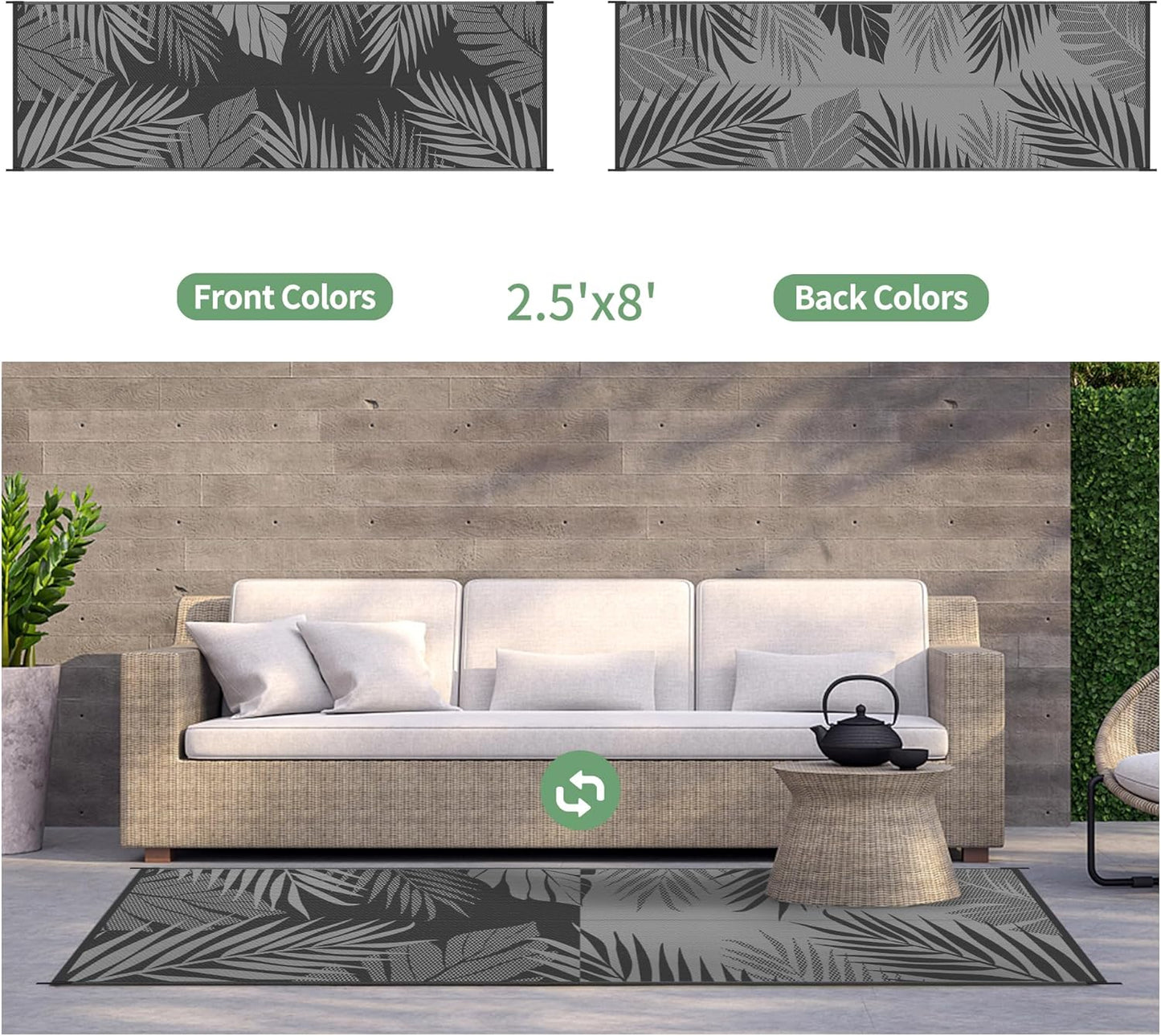 GENIMO Outdoor Rug 2.5' x 8' Waterproof for Patios Clearance, Reversible Outdoor Plastic Straw Camping Rug Carpet, Large Area Rugs Mats for RV, Camper, Deck, Balcony, Porch, Beach, Picnic, Black&Grey