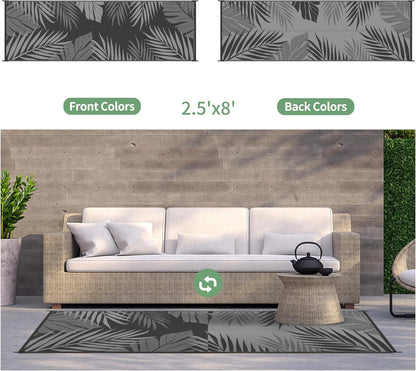 GENIMO Outdoor Rug 2.5' x 8' Waterproof for Patios Clearance, Reversible Outdoor Plastic Straw Camping Rug Carpet, Large Area Rugs Mats for RV, Camper, Deck, Balcony, Porch, Beach, Picnic, Black&Grey