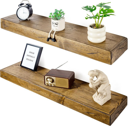 Floating Shelves 3 inch Thick for Wall Set of 2,Solid Pine Wood Wall Mount Shelf for Kitchen Living Room Bedroom Bathroom,8" D x 24" L x 3" H-Distressed Black Walnut