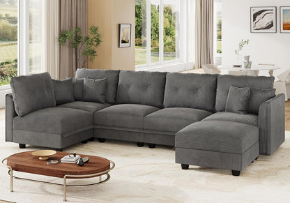 LLappuil Modular Sectional Sofa with Storage Seats, Corduroy Convertible Modular U Shaped Sectional Couch for Living Room, 6 Seat Oversized Sofa with 5 Back Cushion 5 Throw Pillow, Grey