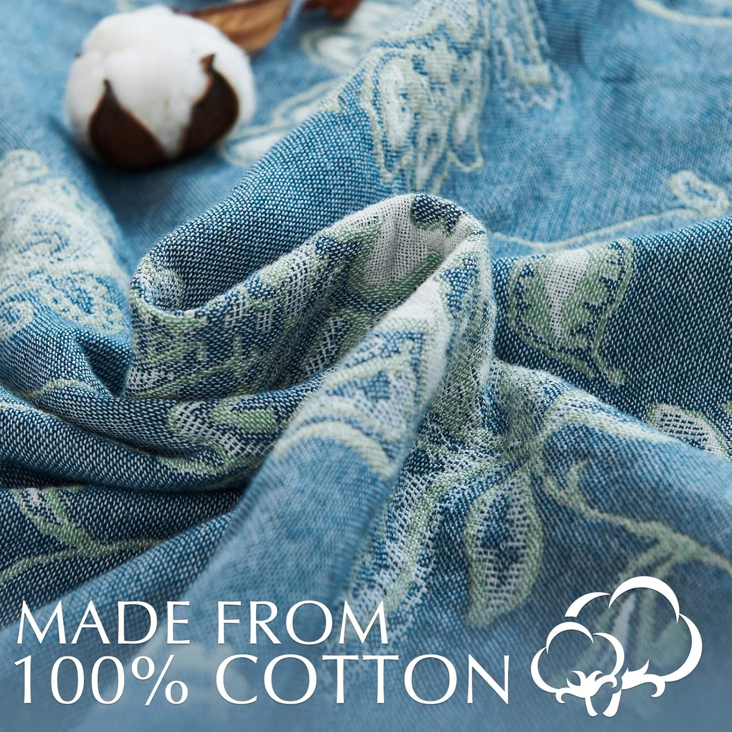 jinchan Boho 100% Cotton Muslin Twin Size 50x60 Inches Blanket Lightweight 4-Layer Quilted Soft Blue and White Floral Throw Blanket Green Accents Reversible Comfy Flower Breathable Summer Couch