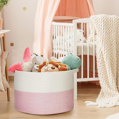 Ravinte Blanket Basket - 20"x 20"x 13" Cotton Rope Basket for Living Room, Baby Toy Storage Basket, Large Woven Laundry Basket (White-Pink)