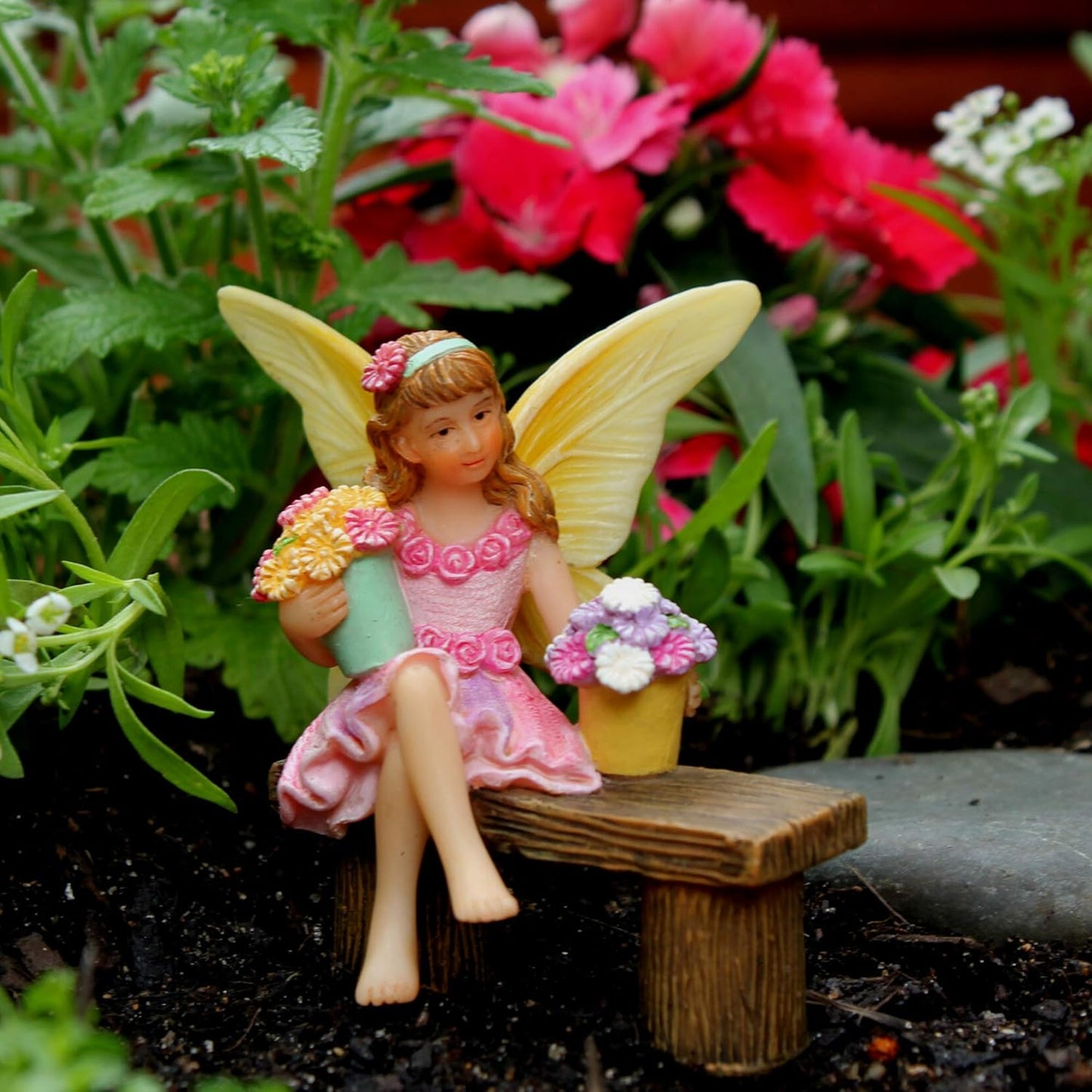 PRETMANNS Fairy Garden Fairy – Adorable Accessory for Indoor or Outdoor Miniature Garden – Small Figurine Isabella Sitting on a Bench – 1 Item