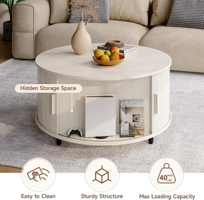 Round Coffee Table with Storage, 31.5" Modern Coffee Table with 360° Curved Sliding Door, Fluted Wood Coffee Table with Adjustable Footpads, Round Center Table for Living Room, Natural White