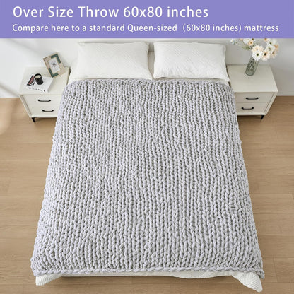 Bigacogo Chunky Knit Throw Blanket for Couch, 60x80 inches, 100% Hand Knitted with Thick Jumbo Chenille Yarn, Cozy Soft Large Rope Knot Cable Crochet Blankets for Sofa Bed Living Room, Light Grey