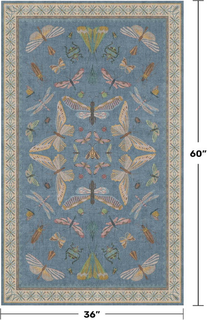 Washable Blue Rugs for Bedroom Bedside - 3x5 Laundry Room Rug for Large Kitchen, Entrance Indoor, Boho Insect Print Bug Décor, Non Slip Low Pile Fade Resistant