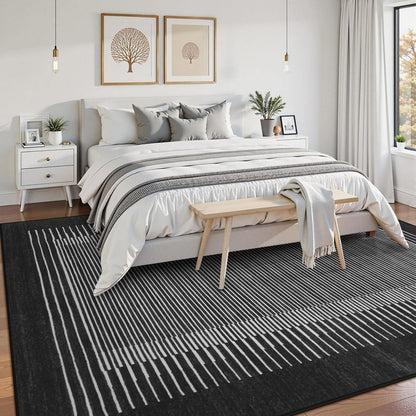 Wonnitar Striped Black Area Rugs 9x12 Living Room, Non-Slip Soft Berber Stripe Bedroom Rug, Low Pile Minimalist Floor Carpet for Dining Room Living Room Department (Black,9' x 12')