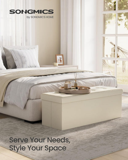 SONGMICS MAZIE Collection - 43 Inches Folding Storage Ottoman Bench, Ottoman Foot Rest, End of Bed Bench, Storage Chest, Load 660 lb, for Living Room, Bedroom, Entryway, Cream White ULSF77BE