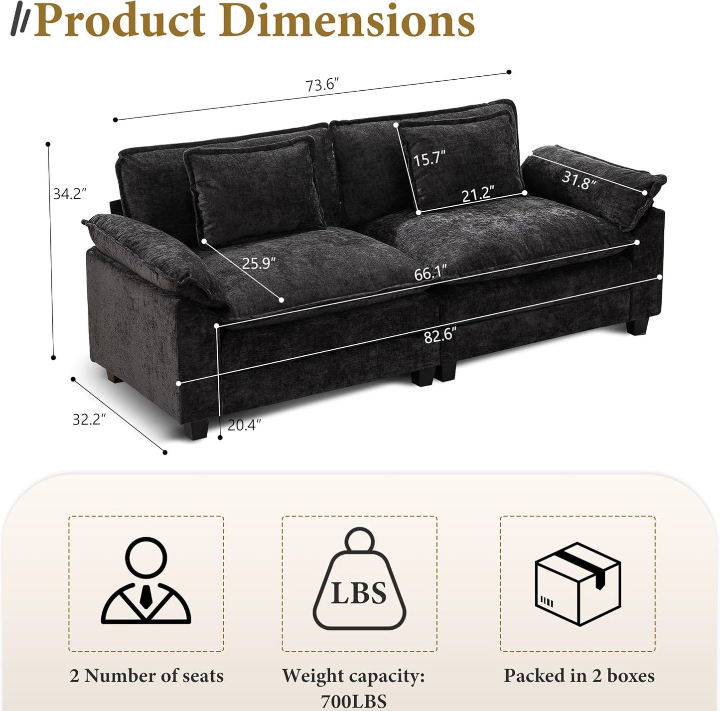 URRED Modular Sectional Sofa Comfy Cloud Couch, Modern Chenille Sofa Sleeper Deep Seat Couches with Ottoman/Pillows for Living Room (Black, 82.6'')