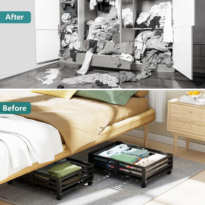 Bamboo Under Bed Storage Containers- Underbed Organizer with Wheels with Large Dust Bag,Sturdy Wood Rolling Under the Bed Shoe Storage Organizer Drawer 2 Pack